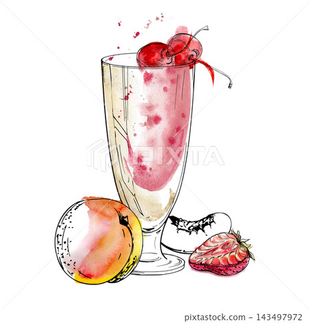 Strawberry and peach smoothie, creamy milkshake in curved highball glass with cherry berry on top. Isolated illustration hand drawn in watercolor and ink. Summer menu, cafe posters, farmers market 143497972