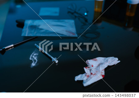 Forensic expert collecting a blood sample at a crime scene for laboratory analysis, DNA testing, criminal investigation, evidence examination, and justice. Forensic expert collecting a blood sample at a crime scene for laboratory analysis, DNA testing, criminal investigation, evidence examination, and justice. 143498037