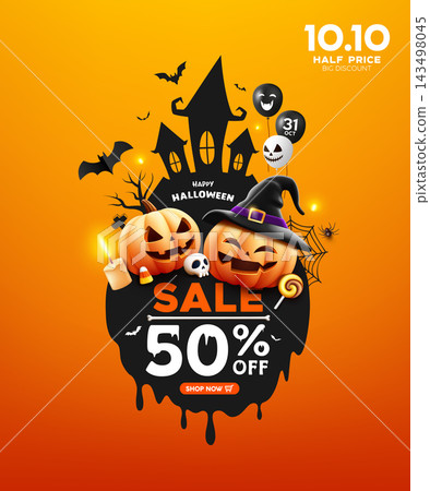 Happy Halloween sale text message, design elements, october discount promotion, trick or treat, poster Happy Halloween sale text message, design elements, october discount promotion, trick or treat, poster 143498045