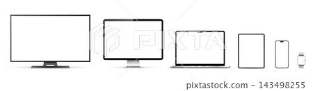 A mockup of various devices, including smartphone, tablet, smart watch, laptop, desktop computer and television screen isolated on white background. A mockup of various devices, including smartphone, tablet, smart watch, laptop, desktop computer and television screen isolated on white background. 143498255