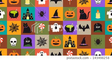 Cute cartoon halloween checkered seamless pattern with halloween decoration elements Cute cartoon halloween checkered seamless pattern with halloween decoration elements 143498258