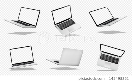 Levitation laptops with transparent screens isolated on transparent background Levitation laptops with transparent screens isolated on transparent background 143498261