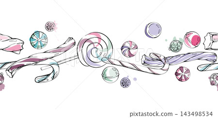 Round lollipops with assorted hard candy, swirled candy cane pops, polished sugar drops, colorful boiled sweets cheerful confectionery header pattern. Isolated hand drawn vector ink seamless banner. Round lollipops with assorted hard candy, swirled candy cane pops, polished sugar drops, colorful boiled sweets cheerful confectionery header pattern. Isolated hand drawn vector ink seamless banner. 143498534