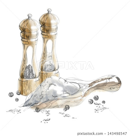 Wooden spice, salt scoop, pepper mill grinders, shaker, scattered peppercorns, handmade kitchen accessories. Isolated hand drawn pencil and watercolor illustration. Culinary artisan food resources Wooden spice, salt scoop, pepper mill grinders, shaker, scattered peppercorns, handmade kitchen accessories. Isolated hand drawn pencil and watercolor illustration. Culinary artisan food resources 143498547