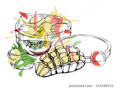Colorful boiled candies in metal round tin with mango, kiwi, pineapple and passionfruit, tropical fruit motifs with sugar sweets and confectionery pieces. Isolated hand drawn vector ink illustration. Colorful boiled candies in metal round tin with mango, kiwi, pineapple and passionfruit, tropical fruit motifs with sugar sweets and confectionery pieces. Isolated hand drawn vector ink illustration. 143498552