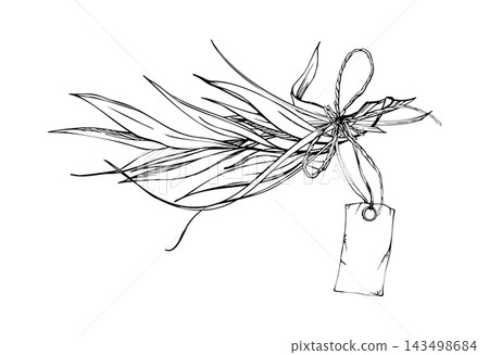 Rustic herb bunch with twine bow, paper tag, tarragon and chives culinary plants, fragrant Mediterranean garden harvest. Isolated hand drawn vector ink illustration. Local farms, herbal businesses Rustic herb bunch with twine bow, paper tag, tarragon and chives culinary plants, fragrant Mediterranean garden harvest. Isolated hand drawn vector ink illustration. Local farms, herbal businesses 143498684