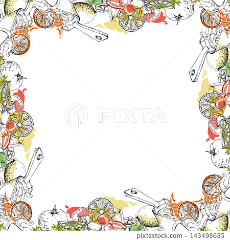 Assorted citrus and confectionery, glossy hard sweets with gummy worms and bear-shaped jellies, lemon, lime, orange, grapefruit and yuzu fruit accents. Isolated hand drawn vector ink square frame. Assorted citrus and confectionery, glossy hard sweets with gummy worms and bear-shaped jellies, lemon, lime, orange, grapefruit and yuzu fruit accents. Isolated hand drawn vector ink square frame. 143498685