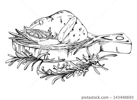 Wooden cutting board. Cut potatoes, rosemary, citrus slices. Rustic kitchen produce, fresh culinary herbs and seasonal ingredients prepared for cooking. Isolated hand drawn vector ink illustration. Wooden cutting board. Cut potatoes, rosemary, citrus slices. Rustic kitchen produce, fresh culinary herbs and seasonal ingredients prepared for cooking. Isolated hand drawn vector ink illustration. 143498693