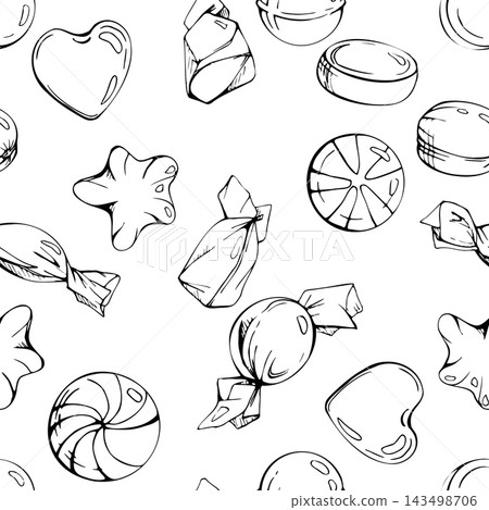Wrapped candy, packaged button bonbons decorated with curled strips, twisted wrappers, scattered star and heart shaped confectionery mix. Isolated hand drawn vector ink seamless pattern tile. 143498706