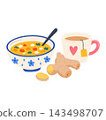 Flu recovery food and drink set with soup tea ginger honey and lemon for wellness content 143498707