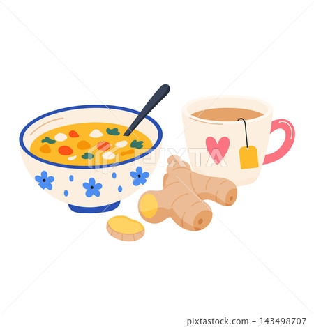 Flu recovery food and drink set with soup tea ginger honey and lemon for wellness content Flu recovery food and drink set with soup tea ginger honey and lemon for wellness content 143498707