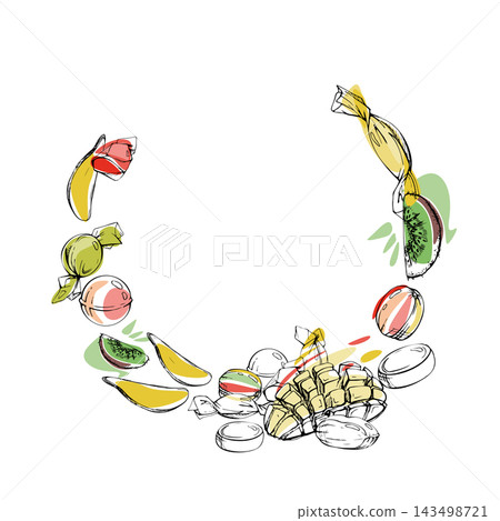 Exotic fruit candy mix, tropical mango, kiwi, pineapple and passionfruit slices, wrapped sugar drops, gummy jelly sweets. Isolated hand drawn vector ink wreath frame. Blog graphics, app interfaces Exotic fruit candy mix, tropical mango, kiwi, pineapple and passionfruit slices, wrapped sugar drops, gummy jelly sweets. Isolated hand drawn vector ink wreath frame. Blog graphics, app interfaces 143498721