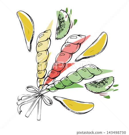 Swirl lollipop bouquet with mango and kiwi slices, tropical fruit pieces surrounding striped candy pops on sticks in cheerful exotic confectionery mix. Isolated hand drawn vector ink illustration. Swirl lollipop bouquet with mango and kiwi slices, tropical fruit pieces surrounding striped candy pops on sticks in cheerful exotic confectionery mix. Isolated hand drawn vector ink illustration. 143498730