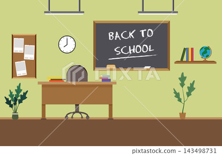 Front view of a classroom with Back to School written on the blackboard Front view of a classroom with Back to School written on the blackboard 143498731