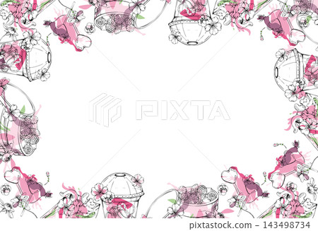 Sakura flowers with hard candy, gummy bears, jelly worms and lollipops, colorful confectionery mixed with delicate cherry blossoms, pink petals and spring floral. Isolated hand drawn vector ink frame. 143498734