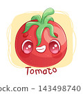 Cute hand-drawn vector tomato character with handwritten text. Kawaii style, red and green palette, outline. Perfect for social media, merch, web design, posters, menu. Vector illustration 143498740