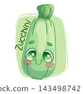 Cute hand-drawn zucchini mascot in kawaii cartoon style. Green vegetable with outline, blush and text. Vector illustration for kids poster, vegan menu, sticker, web design 143498742