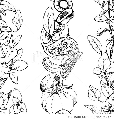 Basil, oregano, tomato, olives and mixed vegetables pizza and pesto ingredients, rustic culinary herbs, fresh produce and Mediterranean spices. Isolated vector ink hand drawn seamless pattern tile. Basil, oregano, tomato, olives and mixed vegetables pizza and pesto ingredients, rustic culinary herbs, fresh produce and Mediterranean spices. Isolated vector ink hand drawn seamless pattern tile. 143498757