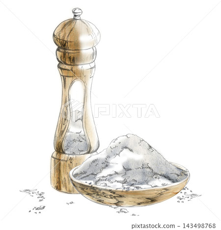 Wooden pepper mill seasoning tool, crushed salt powder in handmade bowl. Isolated hand drawn pencil and watercolor illustration. Gourmet cuisine, restaurant menu, culinary history, digital products. Wooden pepper mill seasoning tool, crushed salt powder in handmade bowl. Isolated hand drawn pencil and watercolor illustration. Gourmet cuisine, restaurant menu, culinary history, digital products. 143498768