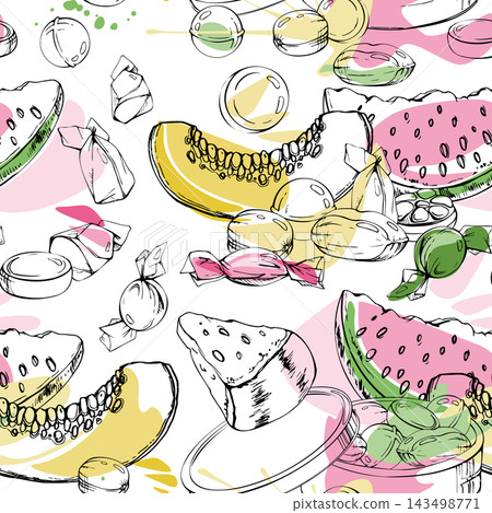 Hard candy with watermelon, honeydew melon wedges, wrapped sweets, gum drops, juicy cantaloupe slices. Isolated hand drawn vector ink seamless pattern. Retail, market stalls tiles, product packaging Hard candy with watermelon, honeydew melon wedges, wrapped sweets, gum drops, juicy cantaloupe slices. Isolated hand drawn vector ink seamless pattern. Retail, market stalls tiles, product packaging 143498771