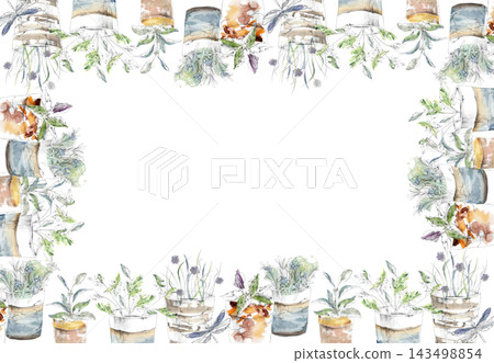 Glazed clay pots of basil, cilantro fragrant seasoning plants. Rosemary, sage and marjoram edible kitchen gardening. Isolated hand drawn pencil and watercolor frame. Herb DIY home decor, card template 143498854