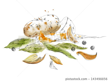 Soup, stew winter mix. Potato, carrot tubers, bay laurel leaves, onion peels, peppercorns. Fresh produce aromatic spices, vegetables, leafy greens, roots. Hand drawn pencil and watercolor illustration 143498856