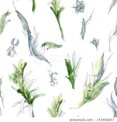 Tarragon, rosemary sprouts, leaves and flowers, fresh seasoning herbs, decorative green plants. Isolated pencil, watercolor hand drawn seamless pattern. Fashion kitchen textiles, stationery products Tarragon, rosemary sprouts, leaves and flowers, fresh seasoning herbs, decorative green plants. Isolated pencil, watercolor hand drawn seamless pattern. Fashion kitchen textiles, stationery products 143498857