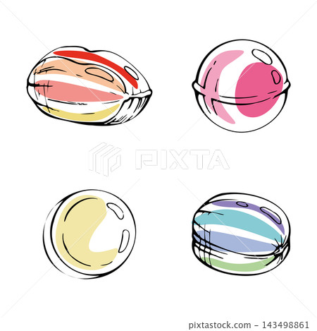 Glass beads, colorful spherical hard candies, polished sugar bonbons and round boiled sweets with translucent glossy surfaces. Isolated hand drawn vector ink illustration. Crafts, DIY projects Glass beads, colorful spherical hard candies, polished sugar bonbons and round boiled sweets with translucent glossy surfaces. Isolated hand drawn vector ink illustration. Crafts, DIY projects 143498861