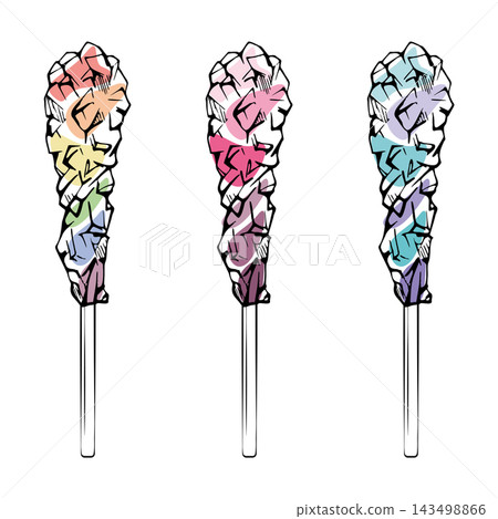 Vintage style lollipop, crystal boiled multicolor candy on stick, traditional confectionery sweet playful sugar treat. Isolated hand drawn vector ink illustration. Product catalogs, seasonal retail Vintage style lollipop, crystal boiled multicolor candy on stick, traditional confectionery sweet playful sugar treat. Isolated hand drawn vector ink illustration. Product catalogs, seasonal retail 143498866