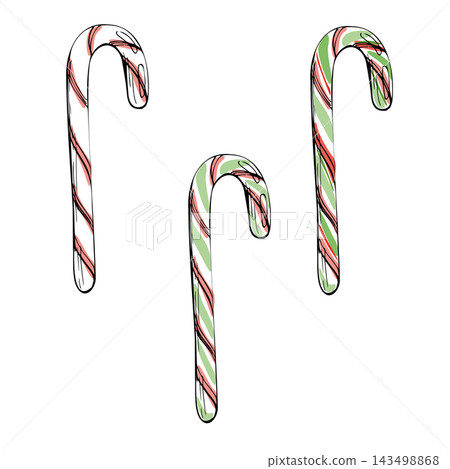Striped candy cane with curved hook, traditional peppermint stick, red and white Christmas confection, festive hard sugar sweet. Isolated hand drawn vector ink illustration. Carnival, fairs, festivals Striped candy cane with curved hook, traditional peppermint stick, red and white Christmas confection, festive hard sugar sweet. Isolated hand drawn vector ink illustration. Carnival, fairs, festivals 143498868