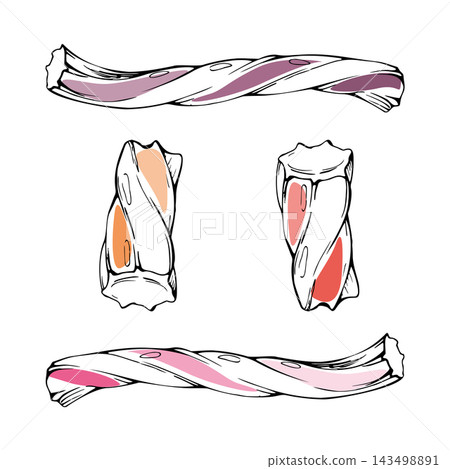 Twisted licorice candy, confectionery ropes curled into loops. Colorful stripes, chewy anise flavor, distinctive ribbed surface. Isolated hand drawn vector ink illustration. Traditional Nordic sweet Twisted licorice candy, confectionery ropes curled into loops. Colorful stripes, chewy anise flavor, distinctive ribbed surface. Isolated hand drawn vector ink illustration. Traditional Nordic sweet 143498891
