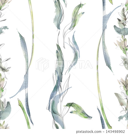 Stripes of tarragon, chives and lemongrass blades Mediterranean herbs, edible garden plants, aromatic ingredients with slender leaves. Isolated pencil and watercolor hand drawn seamless pattern tile. Stripes of tarragon, chives and lemongrass blades Mediterranean herbs, edible garden plants, aromatic ingredients with slender leaves. Isolated pencil and watercolor hand drawn seamless pattern tile. 143498902