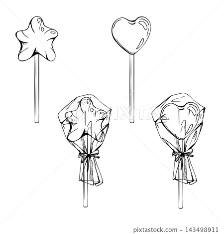 Classic lollipop on slender stick, heart and star shape, plastic wrap, confectionery with glossy surface. Isolated hand drawn vector ink illustration. Carnival sweet treat, fairground, birthday gift Classic lollipop on slender stick, heart and star shape, plastic wrap, confectionery with glossy surface. Isolated hand drawn vector ink illustration. Carnival sweet treat, fairground, birthday gift 143498911