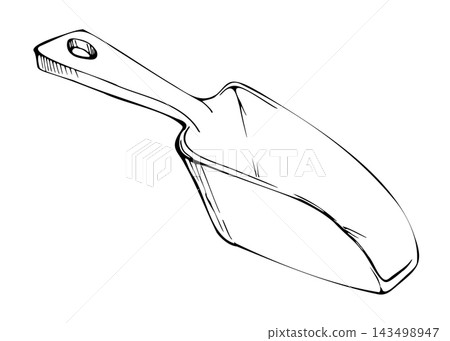 Scoop with broad shovel-shaped bowl, food, candy and confectionery serving scoop, hand tool for bulk sweets, portioning utensil. Isolated hand drawn vector ink illustration. Herbs or grains measuring Scoop with broad shovel-shaped bowl, food, candy and confectionery serving scoop, hand tool for bulk sweets, portioning utensil. Isolated hand drawn vector ink illustration. Herbs or grains measuring 143498947