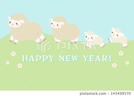 一張新年卡片模板,上面畫著一家四口可愛的綿羊在草地上奔跑。 一張新年卡片模板,上面畫著一家四口可愛的綿羊在草地上奔跑。 143499570