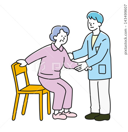 A caregiver assists an elderly woman as she stands up from a chair. A caregiver assists an elderly woman as she stands up from a chair. 143499607