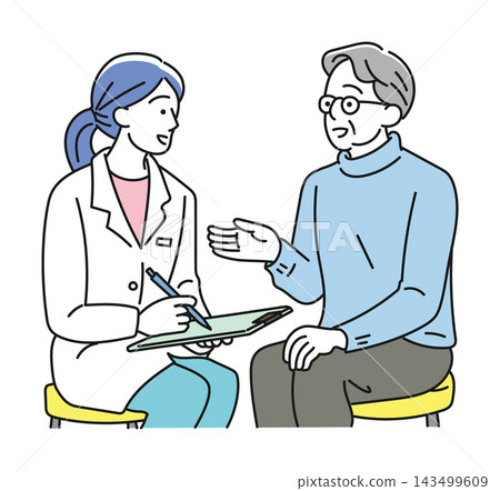 A woman in a white coat takes notes while listening to an elderly man speak. A woman in a white coat takes notes while listening to an elderly man speak. 143499609