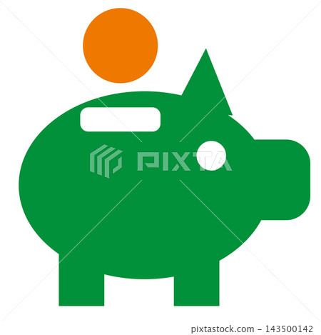 A piggy bank with a green pig and orange coins. A piggy bank with a green pig and orange coins. 143500142