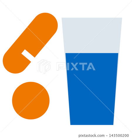 A tablet and a glass of water; an orange capsule and a glass of blue water. A tablet and a glass of water; an orange capsule and a glass of blue water. 143500200