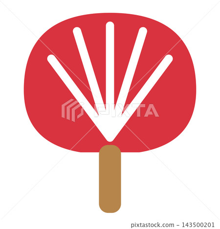 A fan with a red, round surface, white frame, and wooden handle. A fan with a red, round surface, white frame, and wooden handle. 143500201
