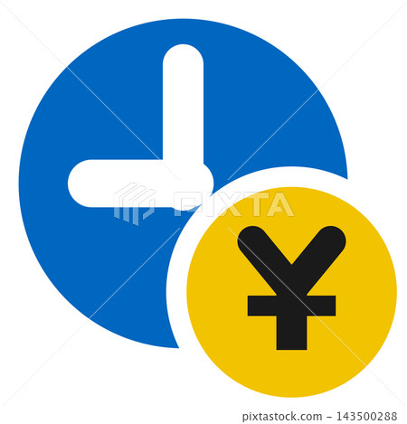 Clock and money: A blue clock and a coin with a yen symbol. Clock and money: A blue clock and a coin with a yen symbol. 143500288