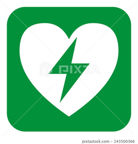 The symbol for an AED is a green square with a white heart and a lightning bolt. The symbol for an AED is a green square with a white heart and a lightning bolt. 143500366