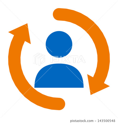 Circular arrow and person: The orange arrow circles around the blue person. Circular arrow and person: The orange arrow circles around the blue person. 143500548