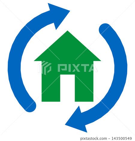 Circular arrow and house: The blue arrow goes around the green house. Circular arrow and house: The blue arrow goes around the green house. 143500549