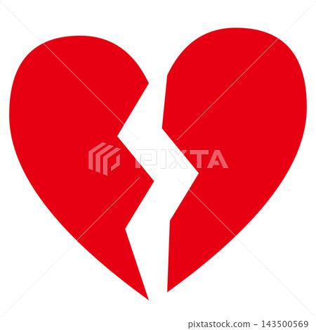 A broken heart, a red heart split in two by a crack. A broken heart, a red heart split in two by a crack. 143500569