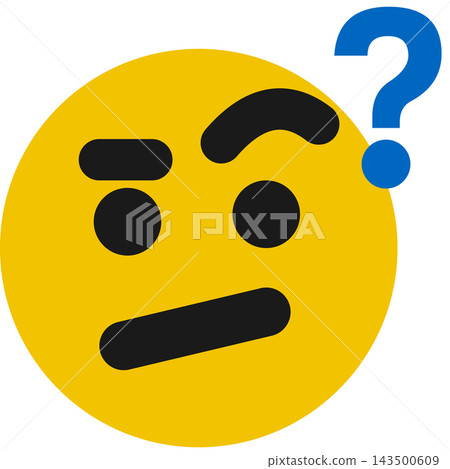 A thoughtful face, a yellow face with one eyebrow raised, and a blue question mark. A thoughtful face, a yellow face with one eyebrow raised, and a blue question mark. 143500609