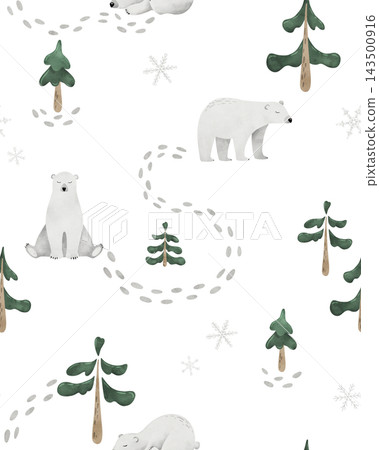 Winter seamless pattern with polar bear. Watercolor hand painting background with artic white animal, snowflakes and spruce, wrapping paper, fabric, Christmas and New Year greeting cards Winter seamless pattern with polar bear. Watercolor hand painting background with artic white animal, snowflakes and spruce, wrapping paper, fabric, Christmas and New Year greeting cards 143500916