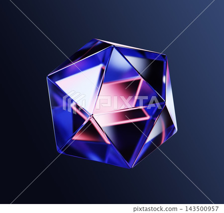 3D glass icosahedron geometric shape with neon blue pink glow on dark render background. Spherical polyhedron, platonic solid. Abstract crystal figure, futuristic glossy polygon logo. 3D illustration 3D glass icosahedron geometric shape with neon blue pink glow on dark render background. Spherical polyhedron, platonic solid. Abstract crystal figure, futuristic glossy polygon logo. 3D illustration 143500957