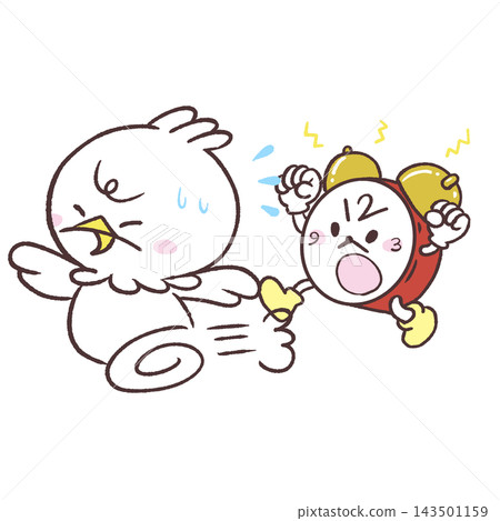 An illustration of a white bird being chased by a clock. 143501159