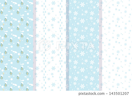 A background set featuring a winter landscape of snow-covered trees and snowflakes. 143501207